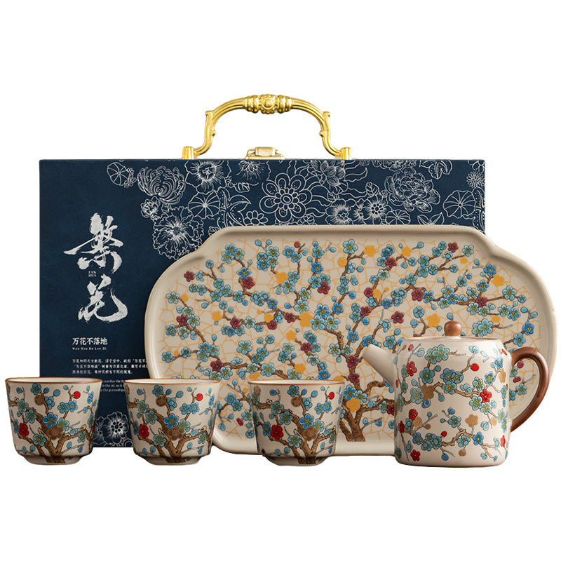 A Ru-style celadon gongfu tea set with a golden plum motif