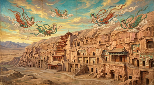 The Mogao Caves at golden hour with flying apsaras, painted in the mineral-pigment style of the Dunhuang murals