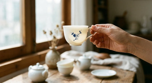 Hand holding a thin translucent Jingdezhen porcelain teacup to the light