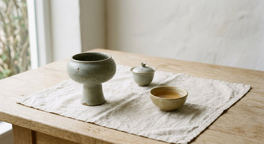 Still life of handmade Chinese ceramics with matte plant-ash glaze