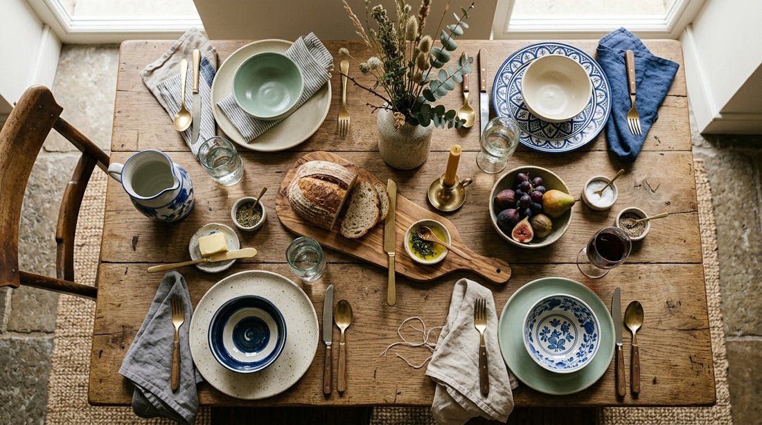 A collected table set with mismatched handmade porcelain plates and bowls