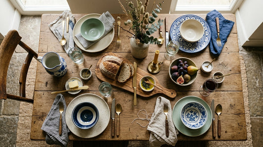 A collected table set with mismatched handmade porcelain plates and bowls