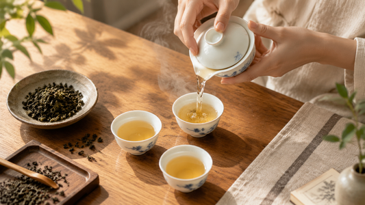 Blue-and-white Jingdezhen porcelain teapot, cups and vase styled on an oak shelf