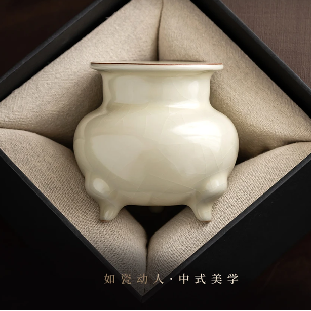 Wood-fired celadon glaze detail on the Ru-style incense burner