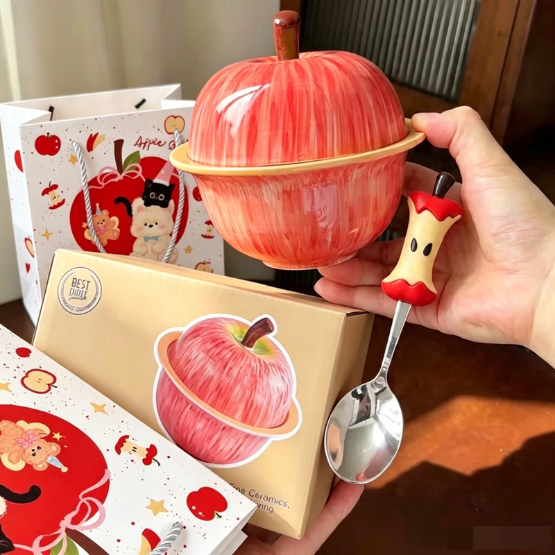 Lidded ceramic apple stew pot for steamed egg custard and dessert