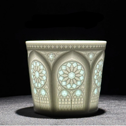 Rose-window linglong detail on the Jingdezhen porcelain coffee cup