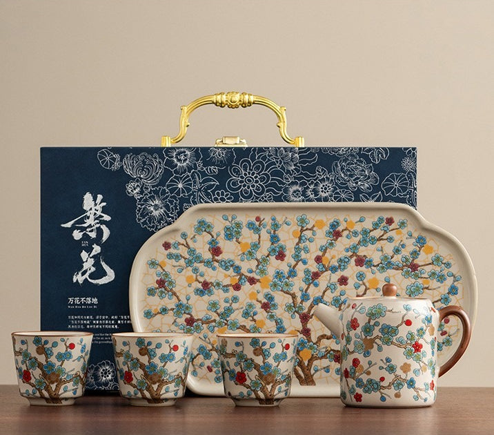 Ru-Style Golden Plum tea set – Straight-Body Pot + 3 Cups + Ru Tray + Gift Box