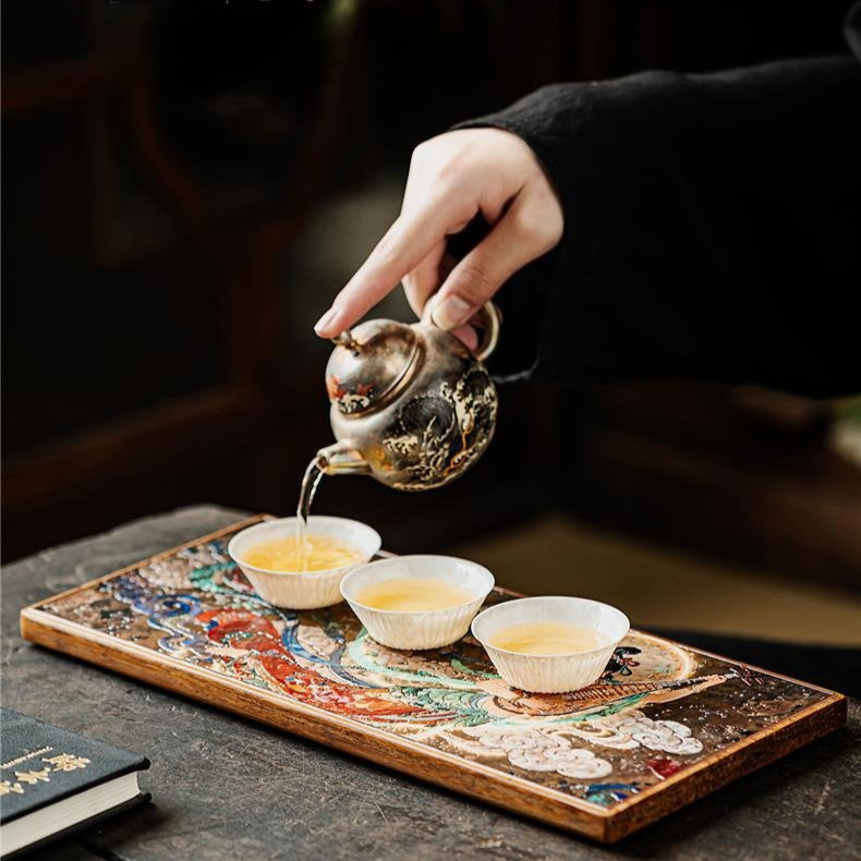 Dunhuang Flying Apsaras Ceramic Tea Tray – Bamboo Base
