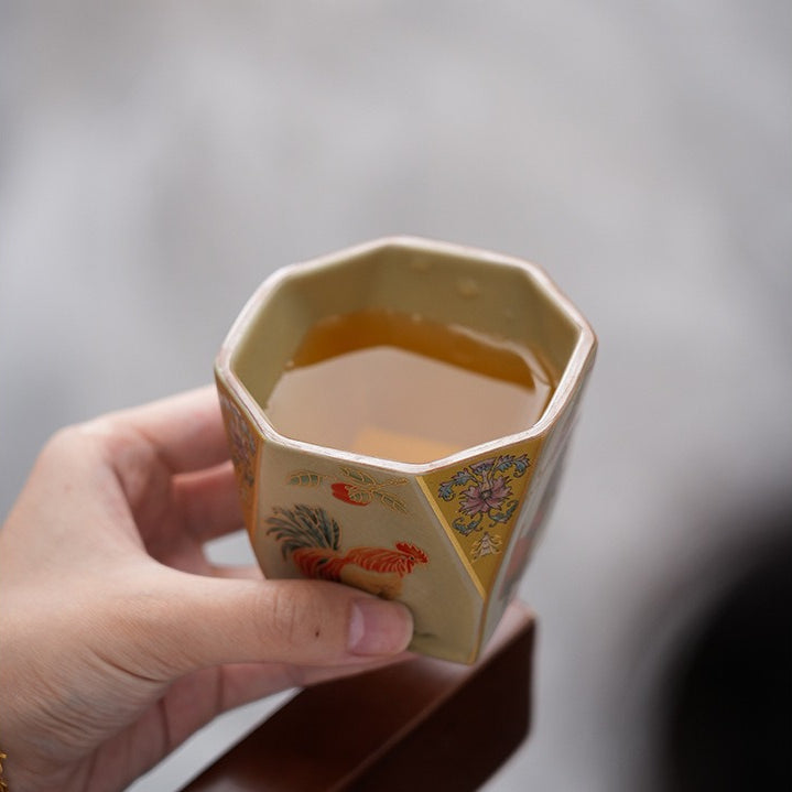 Golden Rooster Dawn Ru-Style Ceramic Tea Cup – Crackle Glaze