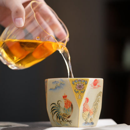 Golden Rooster Dawn Ru-Style Ceramic Tea Cup – Crackle Glaze