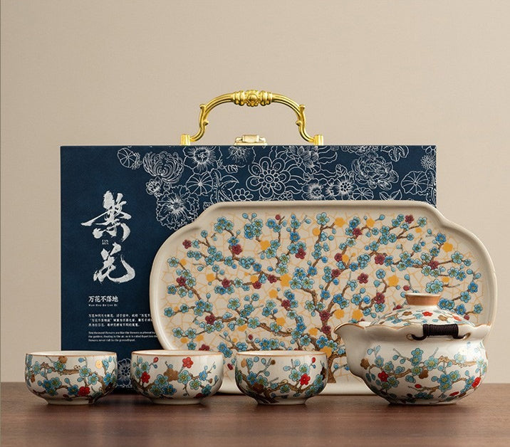 Ru-Style Golden Plum tea set – Handle Pot + 3 Cups + Ru Tray + Gift Box