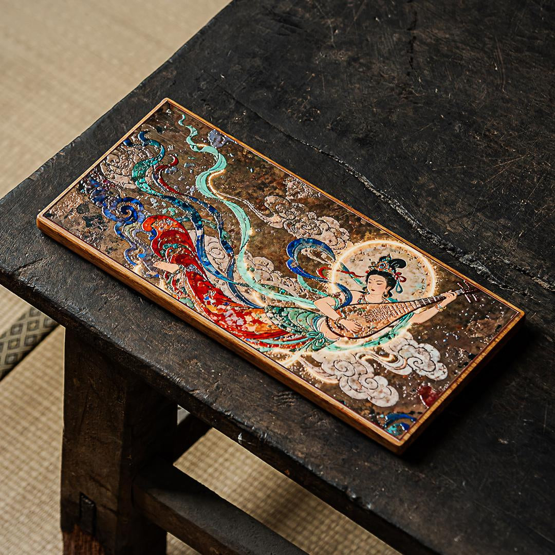 Dunhuang Flying Apsaras Ceramic Tea Tray – Bamboo Base