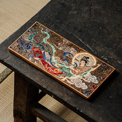 Dunhuang Flying Apsaras Ceramic Tea Tray – Bamboo Base