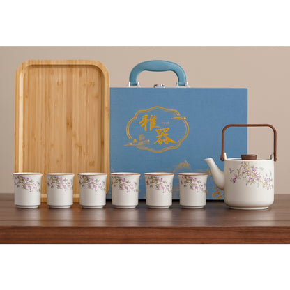 Ru-Style Cat Gongfu Tea Set – Wisteria / Bamboo Tray