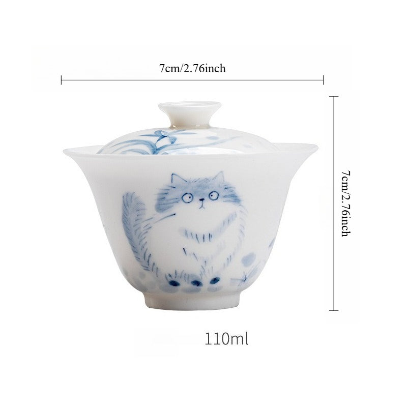Hand-painted blue-and-white cat gaiwan – detail