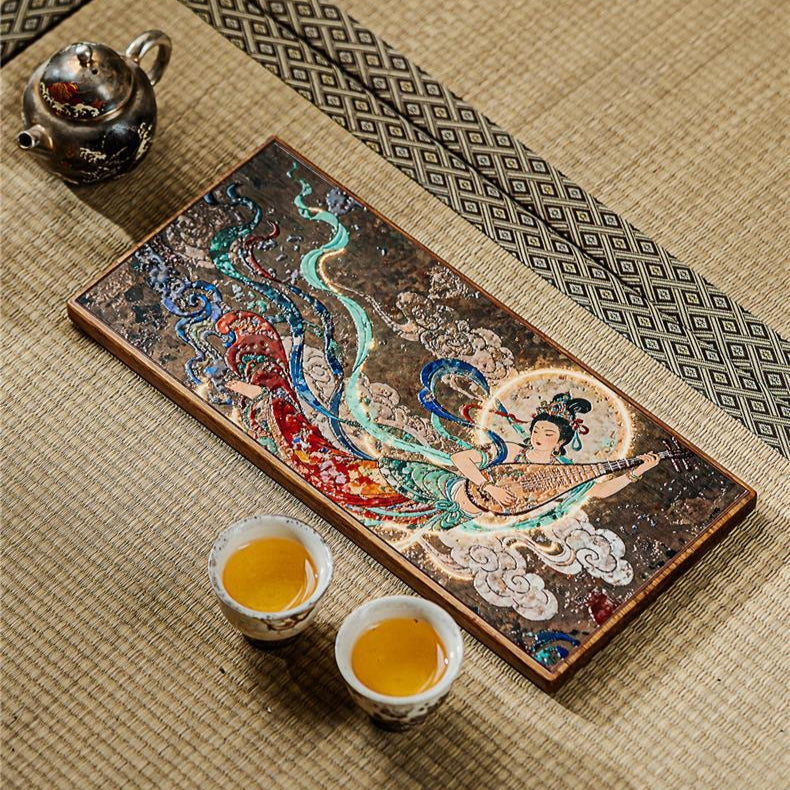 Dunhuang Flying Apsaras Ceramic Tea Tray – Bamboo Base