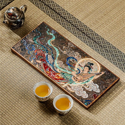 Dunhuang Flying Apsaras Ceramic Tea Tray – Bamboo Base