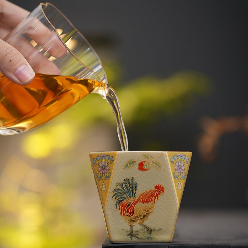 Golden Rooster Dawn Ru-Style Ceramic Tea Cup – Crackle Glaze
