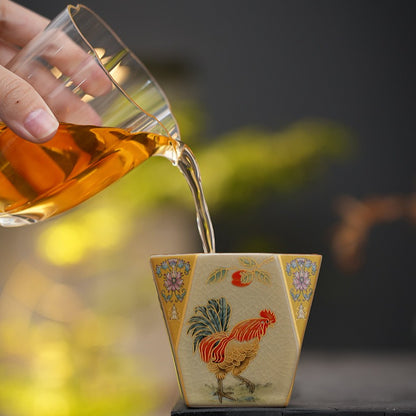 Golden Rooster Dawn Ru-Style Ceramic Tea Cup – Crackle Glaze