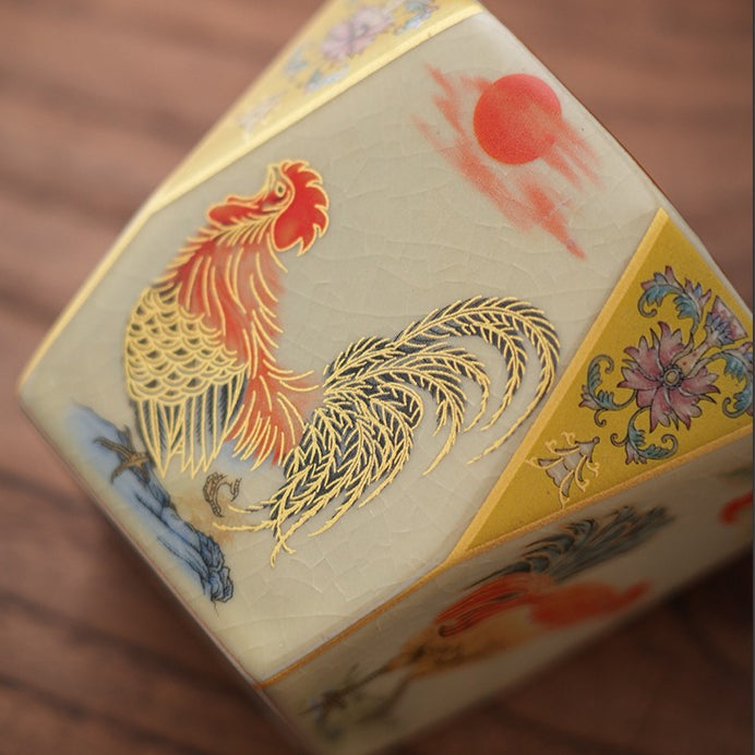 Golden Rooster Dawn Ru-Style Ceramic Tea Cup – Crackle Glaze