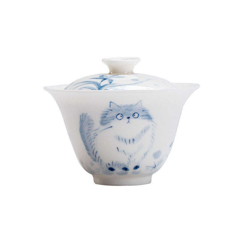 Hand-painted blue-and-white cat gaiwan – 110ml tea bowl