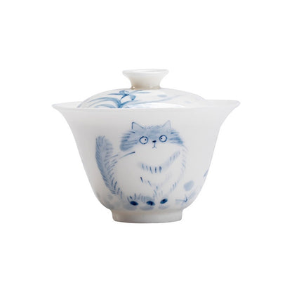 Hand-painted blue-and-white cat gaiwan – 110ml tea bowl