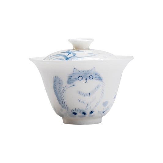 Hand-painted blue-and-white cat gaiwan – 110ml tea bowl