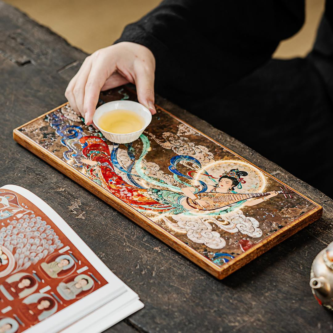 Dunhuang Flying Apsaras Ceramic Tea Tray – Bamboo Base