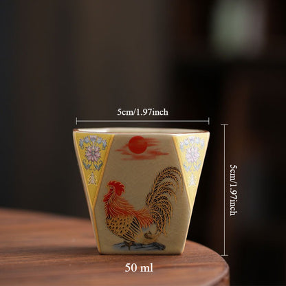 Golden Rooster Dawn Ru-Style Ceramic Tea Cup – Crackle Glaze