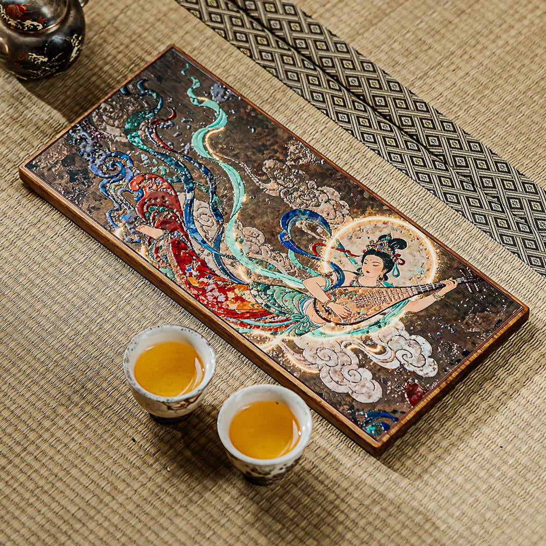 Dunhuang Flying Apsaras Ceramic Tea Tray – Bamboo Base