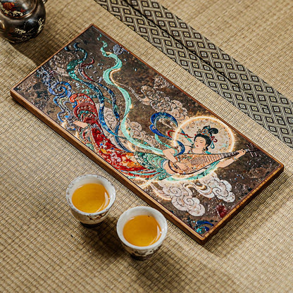 Dunhuang Flying Apsaras Ceramic Tea Tray – Bamboo Base