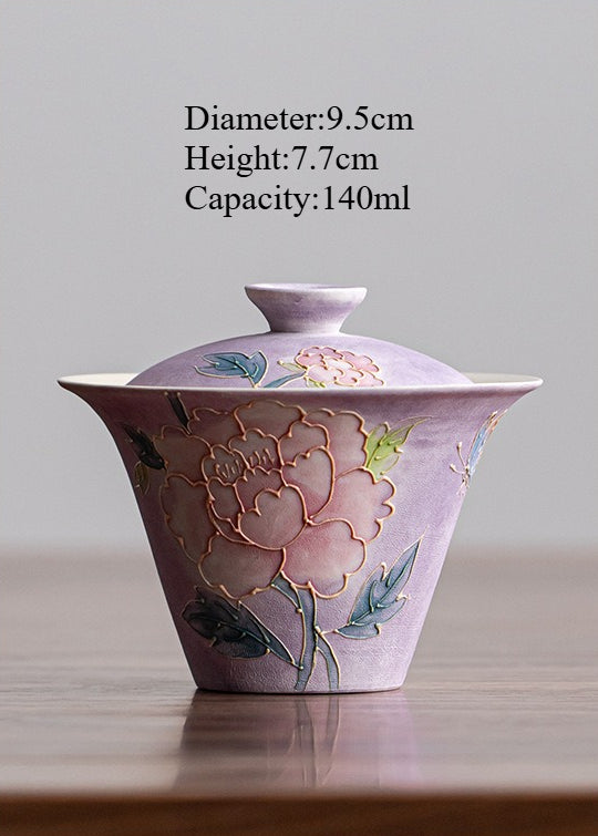 Purple Mist Peony Hand-Painted Porcelain – Xifu Gaiwan – 140ml
