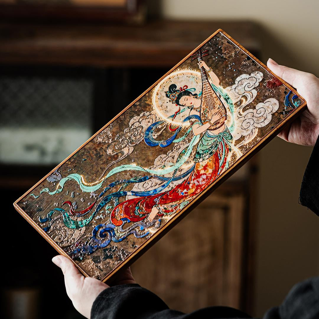 Dunhuang Flying Apsaras Ceramic Tea Tray – Bamboo Base