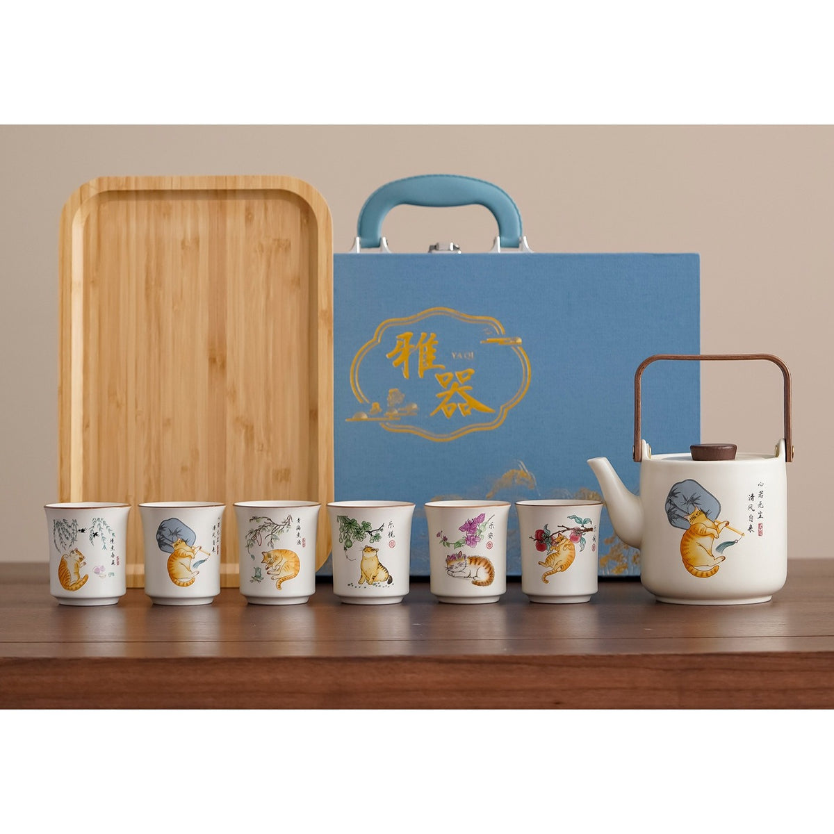 Ru-Style Cat Gongfu Tea Set – Cat / Bamboo Tray