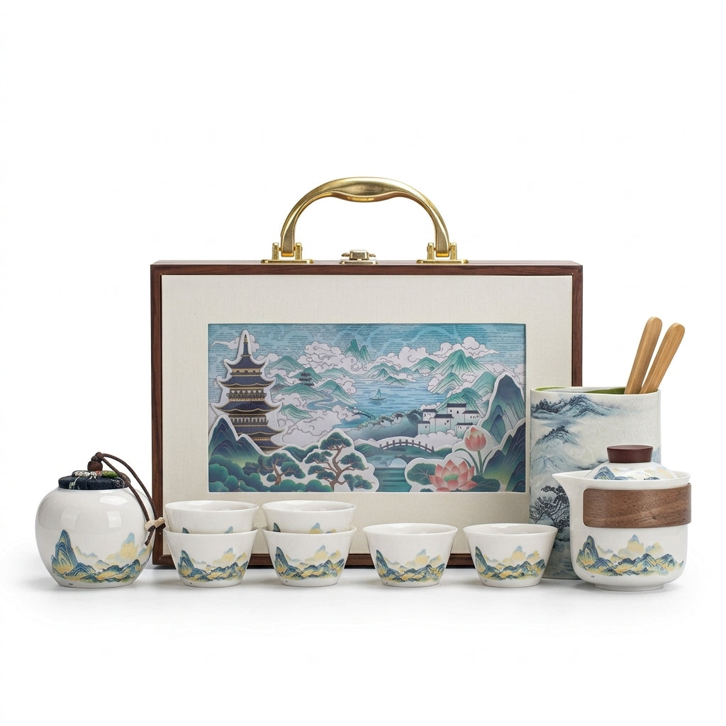 Thousand-Li Landscape Travel Gongfu Tea Set – Teapot, 6 Cups & Canister