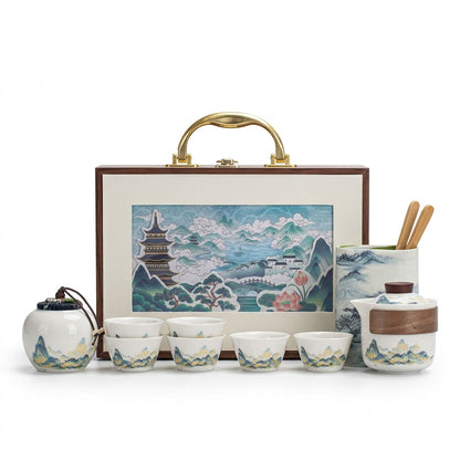 Thousand-Li Landscape Travel Gongfu Tea Set – Teapot, 6 Cups & Canister