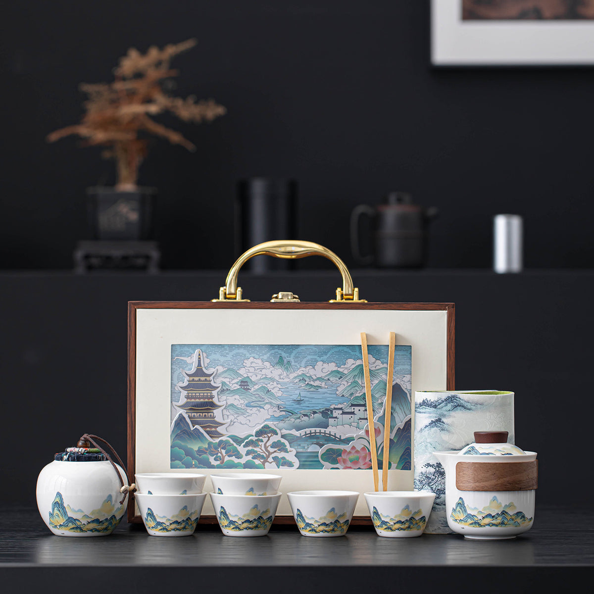 Thousand-Li Landscape travel gongfu tea set – teapot, six cups and tea canister
