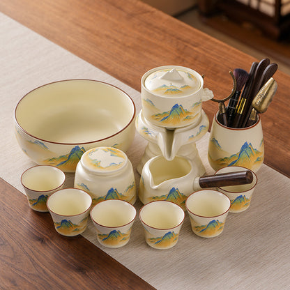 Ru-Style Thousand-Li Landscape Automatic Gongfu Tea Set – Six-Cup Automatic Set (Tea Rinse Bowl + Six Tea Tools + Tea Canister)