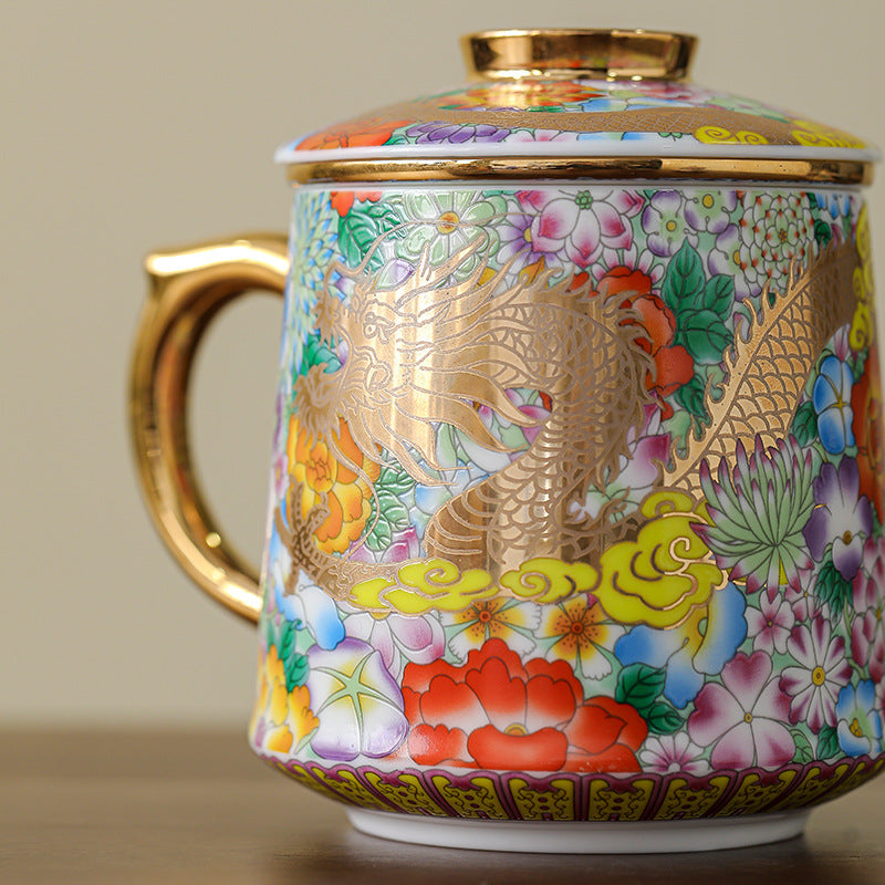 Dragon and Phoenix Lidded Porcelain Mug