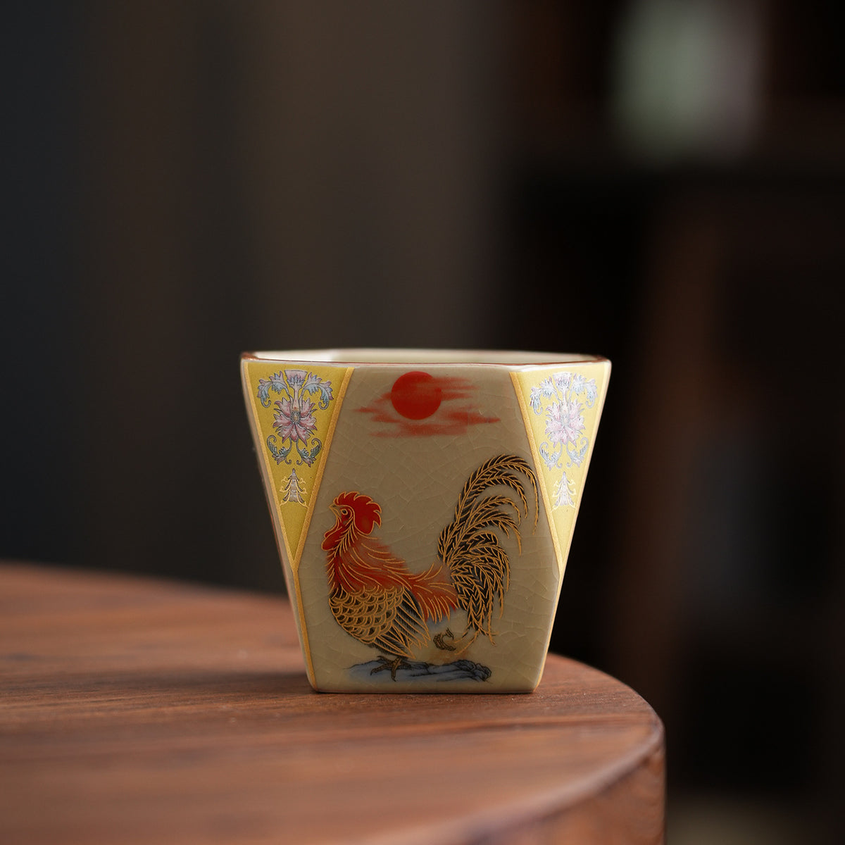 Golden Rooster Dawn Ru-Style Ceramic Tea Cup – Crackle Glaze
