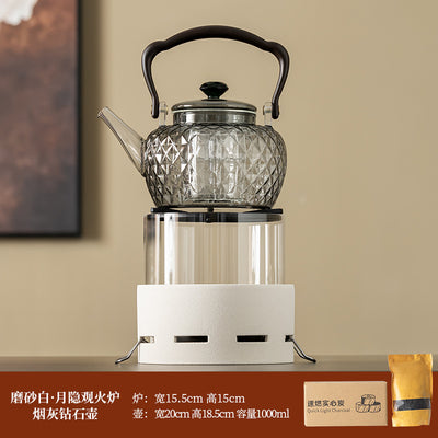 Moonlit Fire Charcoal Stove - White + Smoky Gray Diamond Teapot + Charcoal