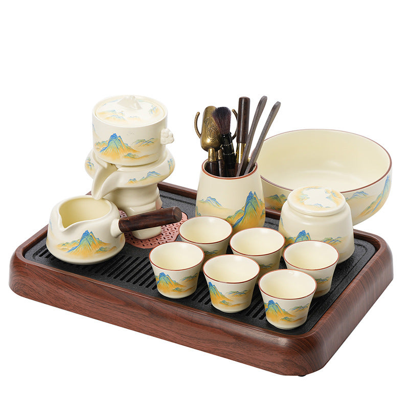 Ru-Style Thousand-Li Landscape automatic gongfu tea set with brewer, cups, and tray