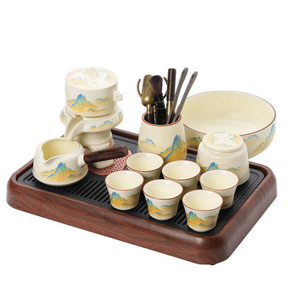 Ru-Style Thousand-Li Landscape automatic gongfu tea set with brewer, cups, and tray