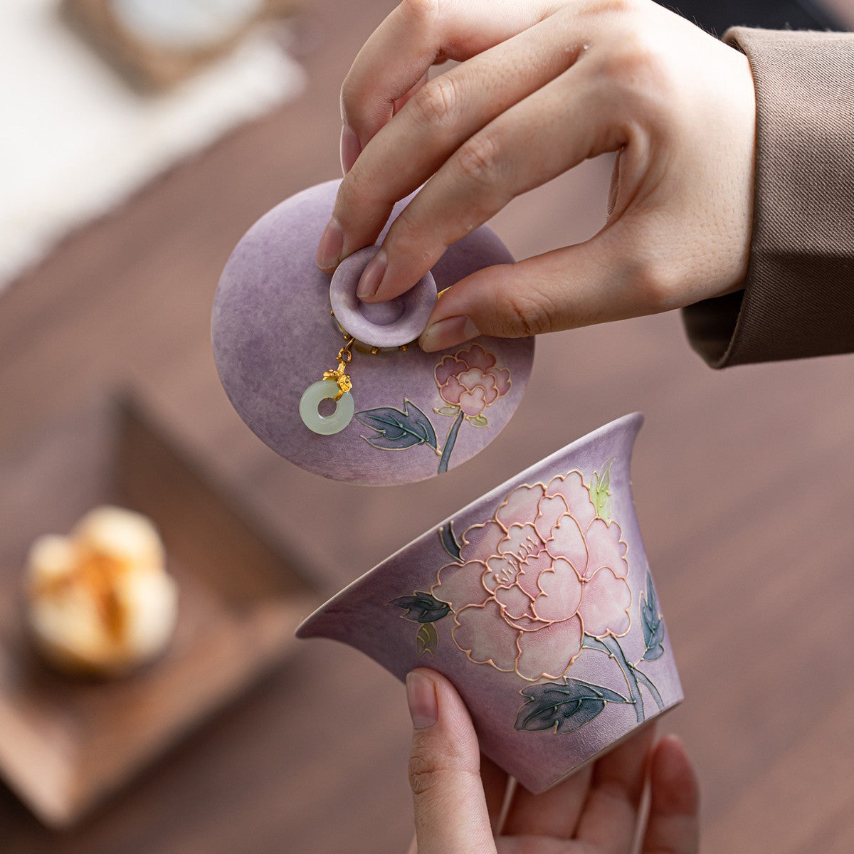 Purple Mist Peony hand-painted porcelain – detail