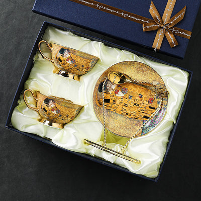 Egyptian Couple Two Cups + Saucers + Spoons + Cup Stand - Gift Box
