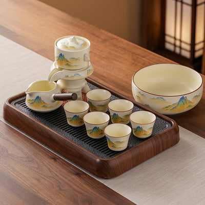 Six-Cup Automatic Set (Tea Rinse Bowl + Walnut-Grain Dry-Brewing Tray)