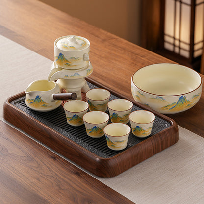 Ru-Style Thousand-Li Landscape Automatic Gongfu Tea Set – Six-Cup Automatic Set (Tea Rinse Bowl + Walnut-Grain Dry-Brewing Tray)