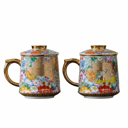 Dragon and Phoenix Lidded Mug - Large Patterned Desk Tea Cup - product image