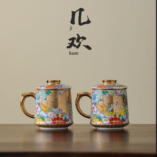 Dragon and Phoenix Lidded Mug - Large Patterned Desk Tea Cup - product image
