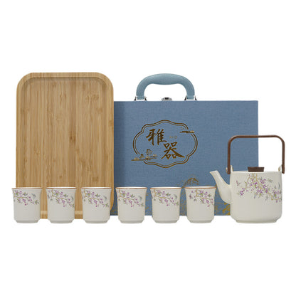 Ru-style cat gongfu tea set – bail-handle teapot and six cups in crackled celadon glaze
